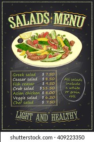 Salads menu list chalkboard design with vegetables and meat salad on a plate, hand drawn illustration with copy space