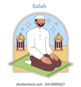 Salah practice illustration. A man in peaceful prayer on a rug, capturing devotion and the serenity of Islamic worship. Flat vector image.