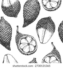Salak seamless pattern. Tropical plant sketch. Exotic fruit background. Hand drawn vector illustration. Snake fruit drawing. NOT AI generated