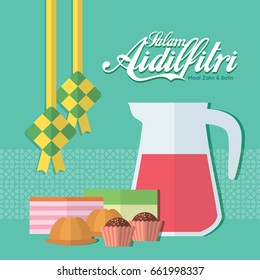 Salam Aidilfitri greeting card with ketupat (malay rice dumpling), kuih muih (malay pastry / dessert) and rose syrup. (caption: Fasting day celebration, I seek forgiveness, physically & spiritually)