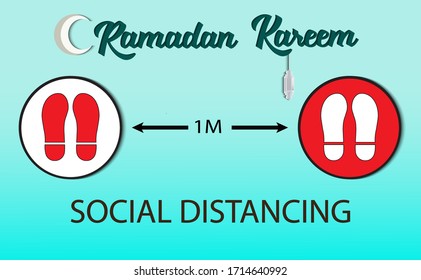 Salam Ramadan and  COVID-19 Social Distancing illustration. 1 meter social distancing flat illustration to protect from COVID-19 coronavirus outbreak vector