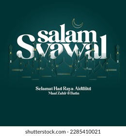 Salam Syawal means happy eid mubarak. Image show mosque overlap the font of salam syawal