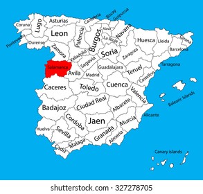 Salamanca map silhouette vector. Spain province. Spain with separated regions isolated on background. Spain autonomy areas map. Editable vector map of Spain.