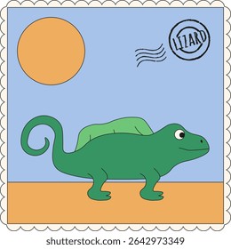 Salamander. Africa. Monitor lizard. Whimsical summer postmark with Salamander in desert. Simple Summer poster copybook cover t-shirt print. Nursery kids art sily childish postage stamp EPS 10