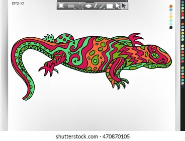 Salamander. Animal patterns with hand-drawn doodle waves and lines. Vector illustration in bright colors.