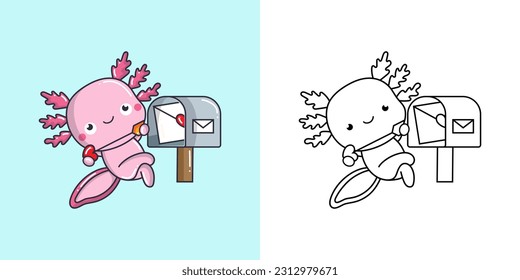 Salamander Clipart for Coloring Page and Multicolored Illustration. Adorable Clip Art Axolotl. Vector Illustration of a Kawaii Amphibian for Coloring Pages, Prints for Clothes, Stickers, Baby Shower.
