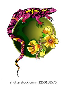 Salamander lizard in magnolia flowers. East style. Vector image