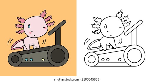 Salamander Sportsman Clipart for Coloring Page and Multicolored Illustration. Adorable Axolotl Athlete. Vector Illustration of a Kawaii Animal for Coloring Pages, Prints for Clothes, Stickers.