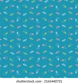 Salamanders frolicking in aqua, white, maroon and pink. Plants and bugs too!