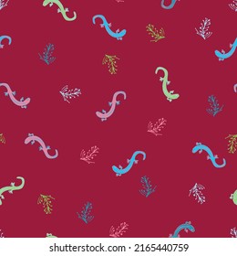 Salamanders frolicking in aqua, white, maroon and pink. Plants and bugs too!