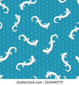 Salamanders frolicking in aqua, white, maroon and pink. Plants and bugs too!