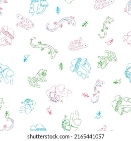 Salamanders frolicking in aqua, white, maroon and pink. Plants and bugs too!