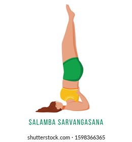 Salamba Savargasana flat vector illustration. Supported shoulderstand. Caucausian woman performing yoga posture in green and yellow sportswear. Workout. Isolated cartoon character on white background