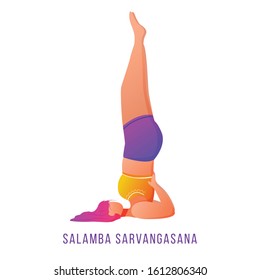 Salamba Savargasana flat vector illustration. Supported shoulderstand. Caucausian woman doing yoga in orange and purple sportswear. Workout, fitness. Isolated cartoon character on white background