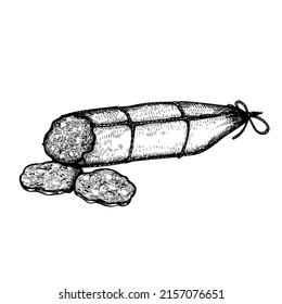 Salami dry sliced sausage in vintage style. Hand drawn sketch style butchery product. Best for package and market advertising design. Vector illustrations isolated on white background.