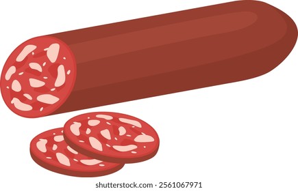 Salami featuring slices arranged beside it, revealing intricate inside textures and rich colors against a clean white background, highlighting its appeal as a gourmet delicacy