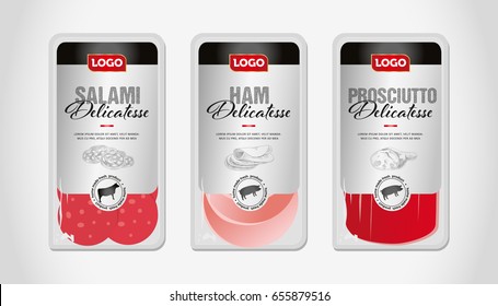 Salami, ham, prosciutto delicatessen vector packaging design template