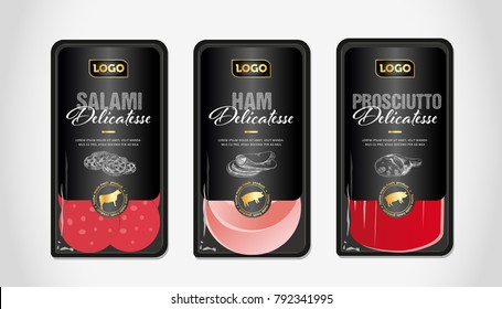 Salami, ham, prosciutto delicatessen vector packaging design template