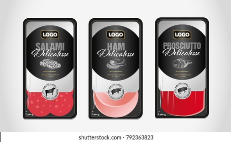 Salami, ham, prosciutto delicatessen vector packaging design template