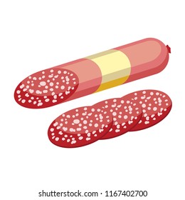 Salami icon in flat style, smoked sliced sausage. Meat product. Isolated on white background. Vector illustration.