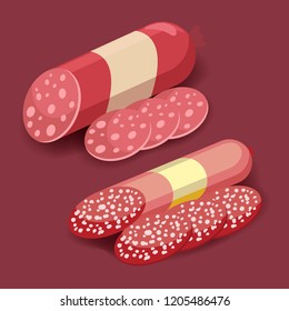 Salami icon in flat style, smoked sliced sausage. Meat product. Isolated on white background. Vector illustration.