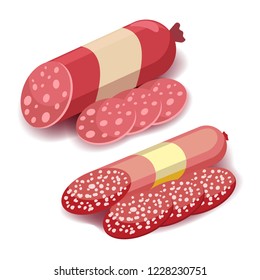 Salami icon in flat style, smoked sliced sausage. Meat product. Isolated on white background. Vector illustration.
