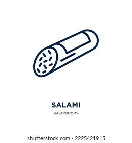 Salami-Ikone aus der Gastronomie-Sammlung. Dünne lineare Salami, Restaurant, Lebensmittelskulptur Symbol einzeln auf weißem Hintergrund. Line Vektor Salami Schild, Symbol für Web und Mobile