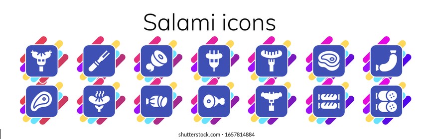 salami icon set. 14 filled salami icons.  Simple modern icons such as: Sausage, Meat, Salami