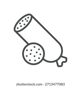 Icono de Salami. Ilustración de línea delgada de una salchicha curada con una rebanada, que simboliza el salami tradicional, la carne seca condimentada y la charcutería italiana. Signo de Vector de contorno aislado.