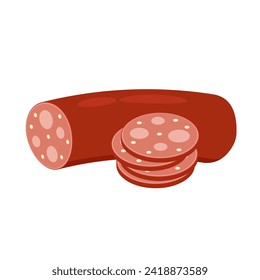 Salami aislado en el fondo blanco. Vector del Día Nacional del Salami. Vector de ícono de salami cortado. Dibujo de rebanada de salchicha de carne. 7 de septiembre. Día importante