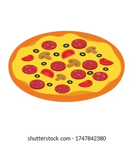 Salami and mushroom pizza for restaurants or pizzerias. Delicious taste pizza with cheese, salami, olives, tomato and mushrooms