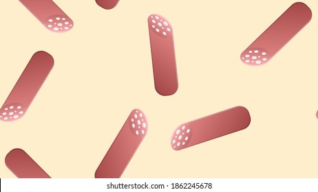 salami sobre un fondo rosado, ilustración vectorial, patrón. salchichas de carne con tocino. patrón, ilustración perfecta, fondo, papel decorativo.
