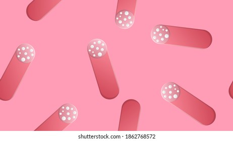 salami on pink glamorous background, vector illustration, pattern. meat sausage with bacon. pattern, seamless illustration, background. stylish decor for restaurants and cafes.