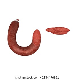 salami on a white background, vector illustration. meat sausage with bacon. salami for appetizer and addition to sandwich and pizza. quick snack.