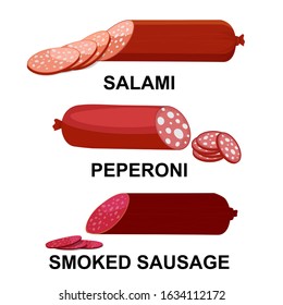 Salami, peperoni and smoked sausage. Collection of meat products
