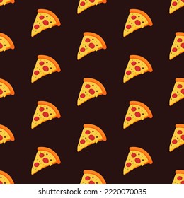 Salami or pepperoni pizza slice seamless pattern. Fast food icon background. Restaurant menu concept wallpaper. Cute cartoon cuisine vector illustration backdrop. Graphic design dish element.