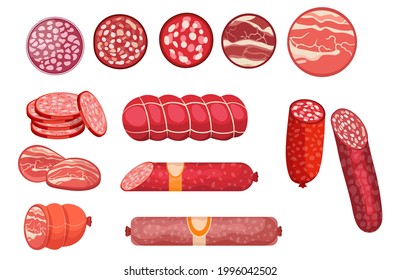 Salami, Pepperoni Smoked Sausage, Beef Meat and Ham Farm or Butcher Store Production. Bacon or Boiled Sausage Delicatessen Meals. Design Elements for Market Advert. Cartoon Vector Illustration, Set