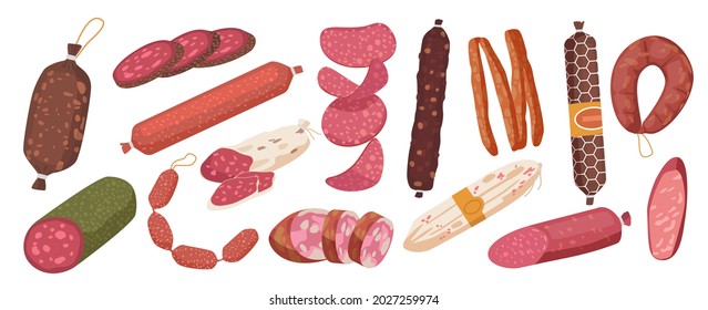 Salami, Pepperoni Smoked Sausage, Beef Meat and Ham Farm or Butcher Store Production. Bacon or Boiled Sausage Delicatessen Meals. Design Elements for Market Advert. Cartoon Vector Illustration, Set