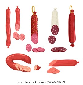 Salami, pepperoni smoked sausage, beef meat and Ham farm or butcher store production. Fresh meat products. Design elements for market advert. Cartoon vector illustration, set. 