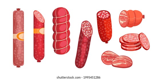 Salami, Pepperoni Smoked Sausage Meat Products, Whole and Sliced Delicious Meaty Assortment, Butcher Shop Production, Gourmet Delicatessen, Farm Market Meal Promotion. Cartoon Vector Illustration, Set