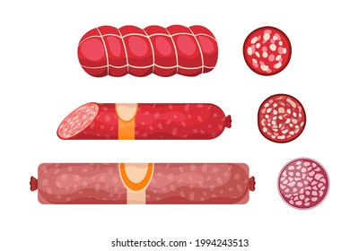 Salami, Pepperoni Smoked Sausage, Premium Meat products Whole and Sliced Kielbasa. Delicatessen Production, Meal, Wurst Bbq Sausages Choice, Butcher Shop Promotion. Cartoon Vector Illustration, Set