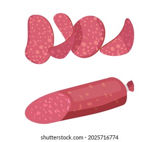 Salami or Pepperoni Smoked Sausage, Premium Meat Products Half and Sliced Kielbasa. Delicatessen Production, Meal, Wurst Bbq Sausages Choice, Butcher Shop Promotion. Cartoon Vector Illustration