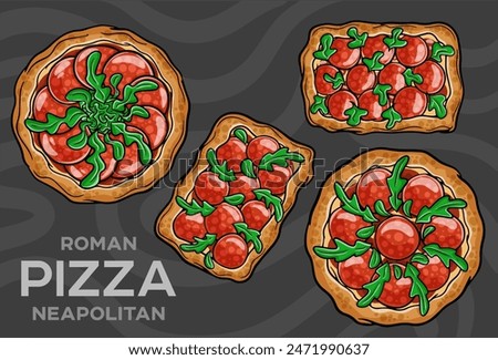 Salami pizza, bell pepper, rucola, kalamata, pesto, parmesan. Hand-drawn vector illustration