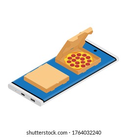 Salami pizza in a cardboard box for restaurants or pizzerias delivery. Delicious taste pizza with cheese and salami. Online delivery service. E-store
