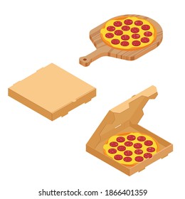 Salami pizza on wooden board and in cardboard box for restaurants or pizzerias. Delicious taste pizza with cheese and salami