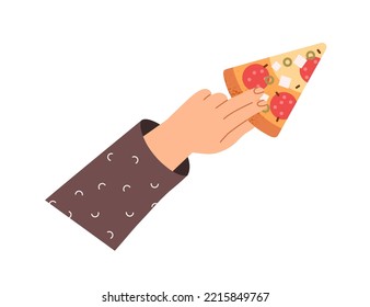 Salami pizza piece in hand. Arm holding, taking cut triangle slice of Italian fast food, snack with cheese, pepperoni, feta, olives, top view. Flat vector illustration isolated on white background