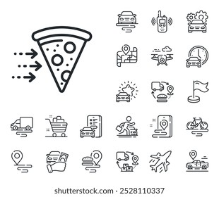 Letrero de pizza de salami. Iconos de contorno de plano, cadena de suministro y ubicación de lugar. Icono de línea de entrega de alimentos. Símbolo de servicio de catering. Señal de la línea de entrega de alimentos. Transporte de taxi, alquiler de un icono de la bici. Mapa de viaje. Vector