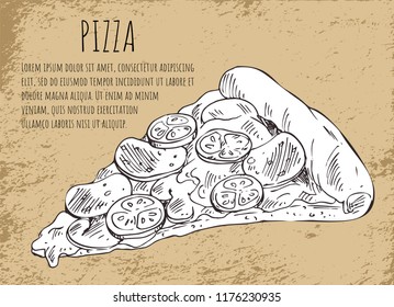 Salami pizza slice on fast food poster with text. Italian traditional product, melted cheese, tomato slices, thin dough crust vector illustration.