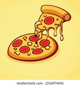 Salami pizza slice. Vector clip art illustration