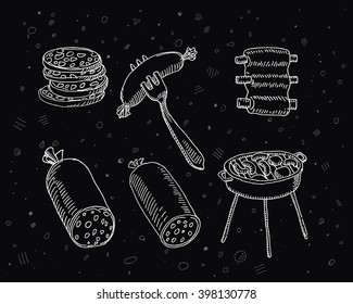 Salami, pork ribs, bacon, barbecue grill and bbq utensil, for meat market, restaurant and  cafe business design